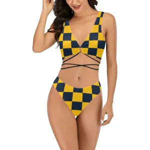 navy blue gold checkered print Cross String Bikini Set (Model S29)