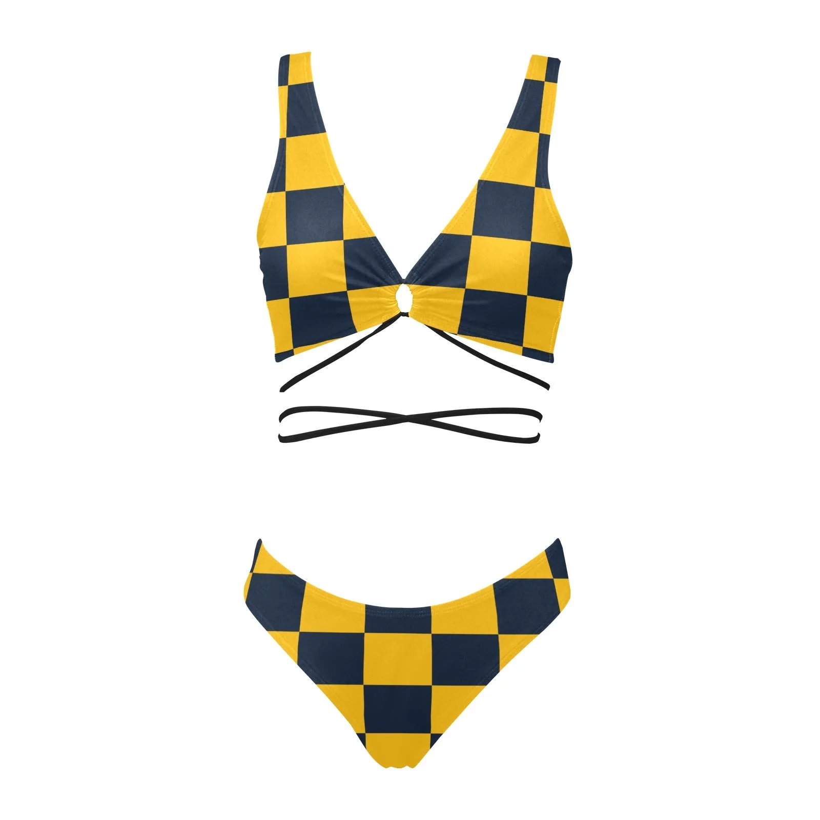 navy blue gold checkered print Cross String Bikini Set (Model S29)