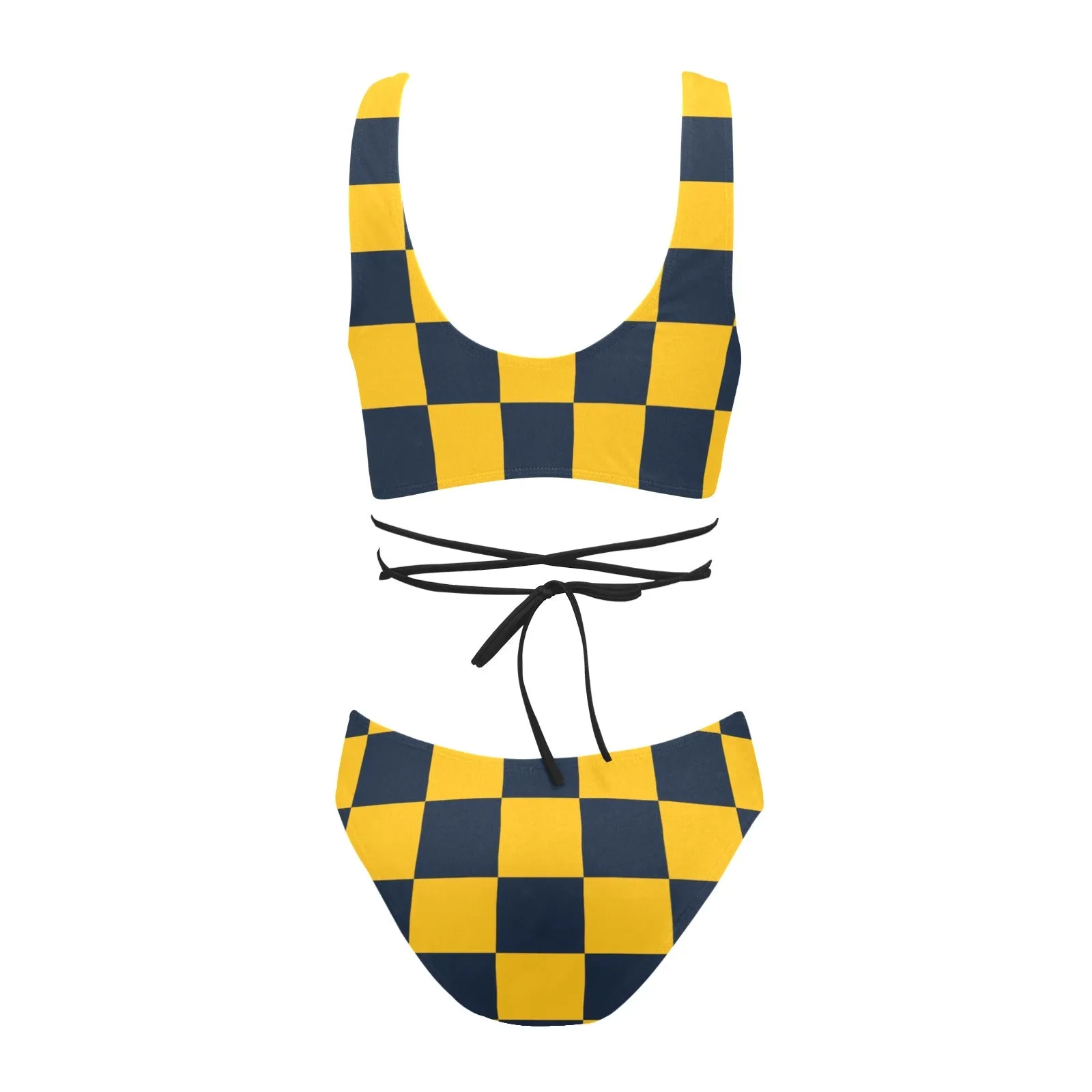 navy blue gold checkered print Cross String Bikini Set (Model S29)